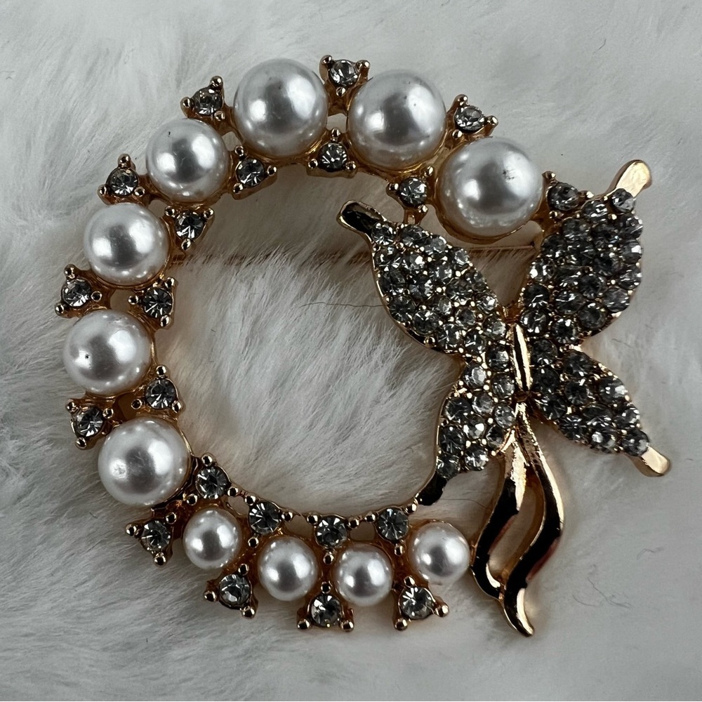 Faux Pearl and Rhinestone Brooch